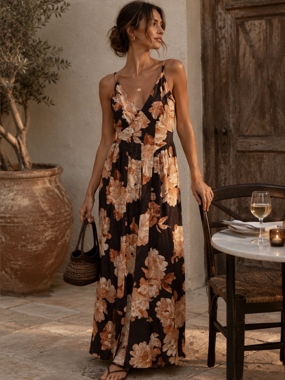 Brown Floral Smocked Cotton Maxi Dress S NWT